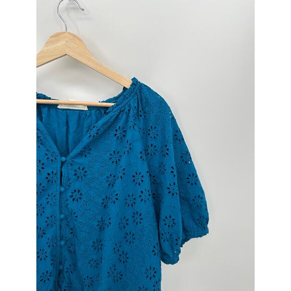 Nuture Westbound Top Women 1X Blue Eyelet Puff Sleeve Cotton Boho Summer Shirt - Picture 4 of 8